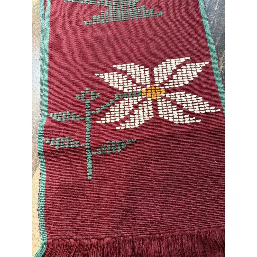 Vintage Christmas Woven Folk Art Table Runner Red‎ Green Poinsettia Candle 9x74